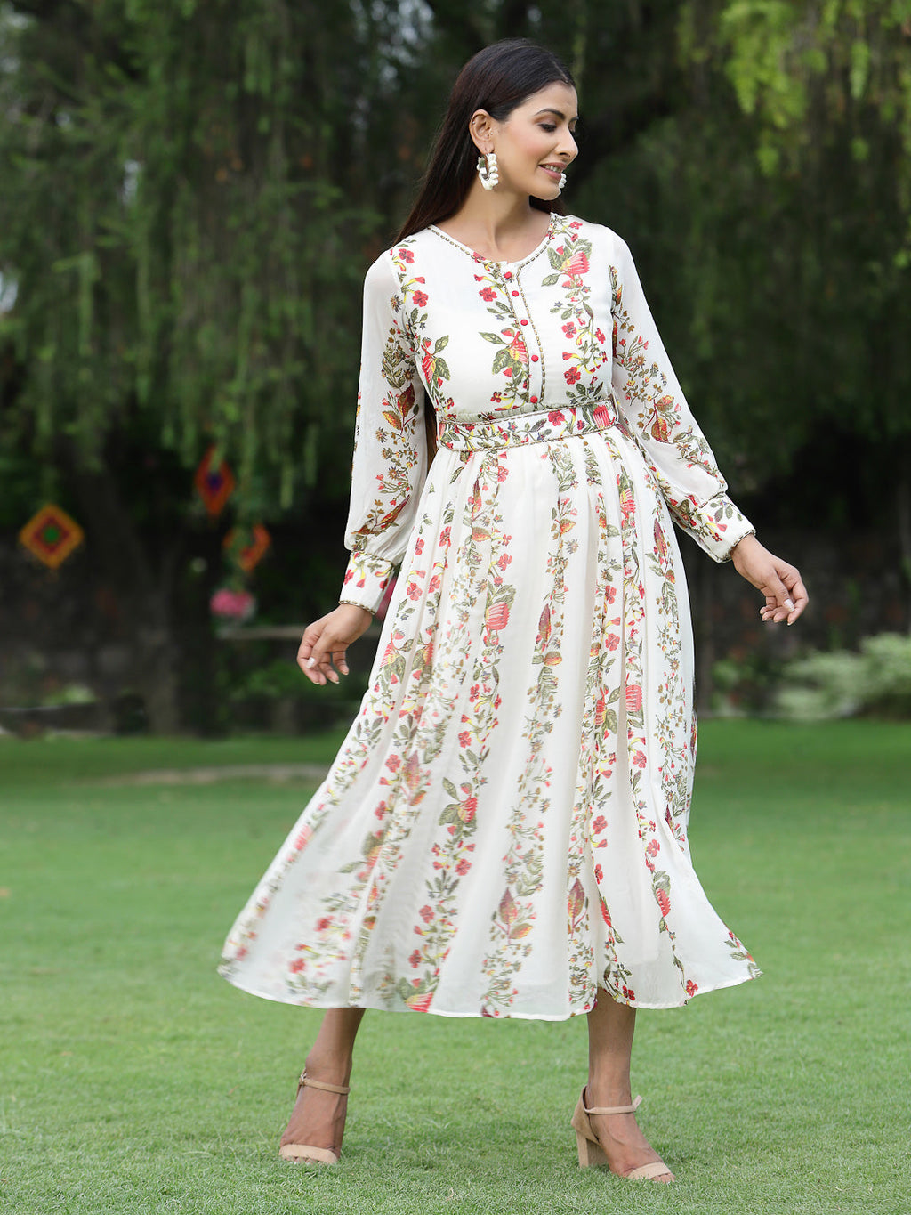 Juniper Womens Off White Floral Printed Maxi Dress With Bead Handwork - Distacart