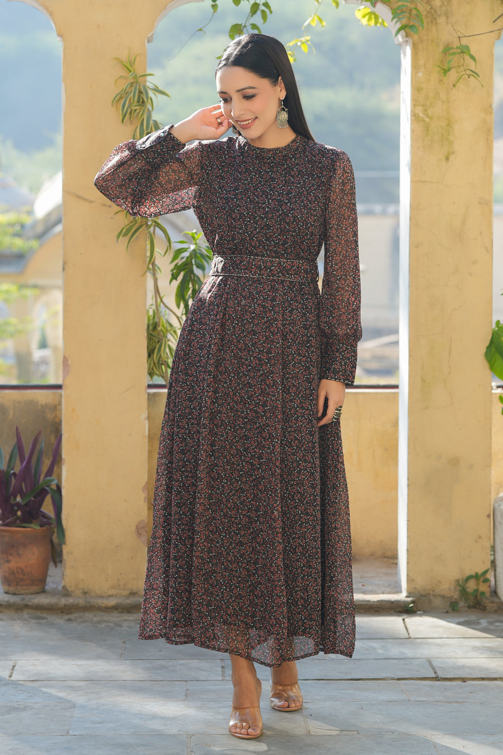 Juniper Women's Black Chiffon Printed Flared Dress - Distacart