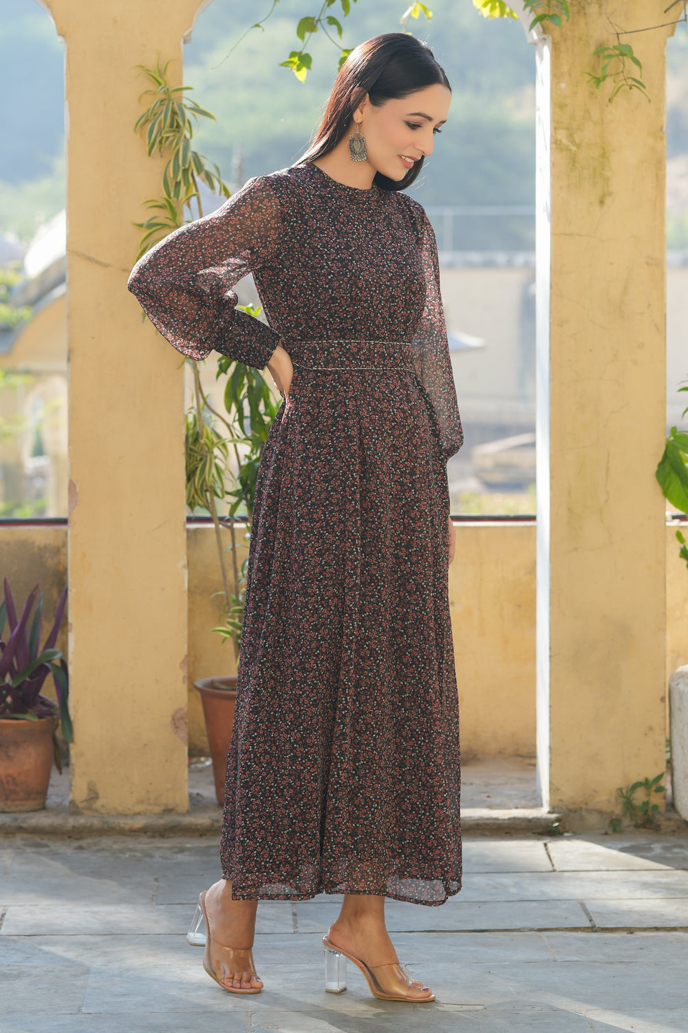 Juniper Women's Black Chiffon Printed Flared Dress - Distacart