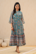 Juniper Womens Aqua Blue Chiffon Digital Printed Tiered Maxi Dress - Distacart
