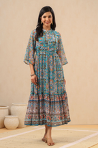Juniper Womens Aqua Blue Chiffon Digital Printed Tiered Maxi Dress - Distacart