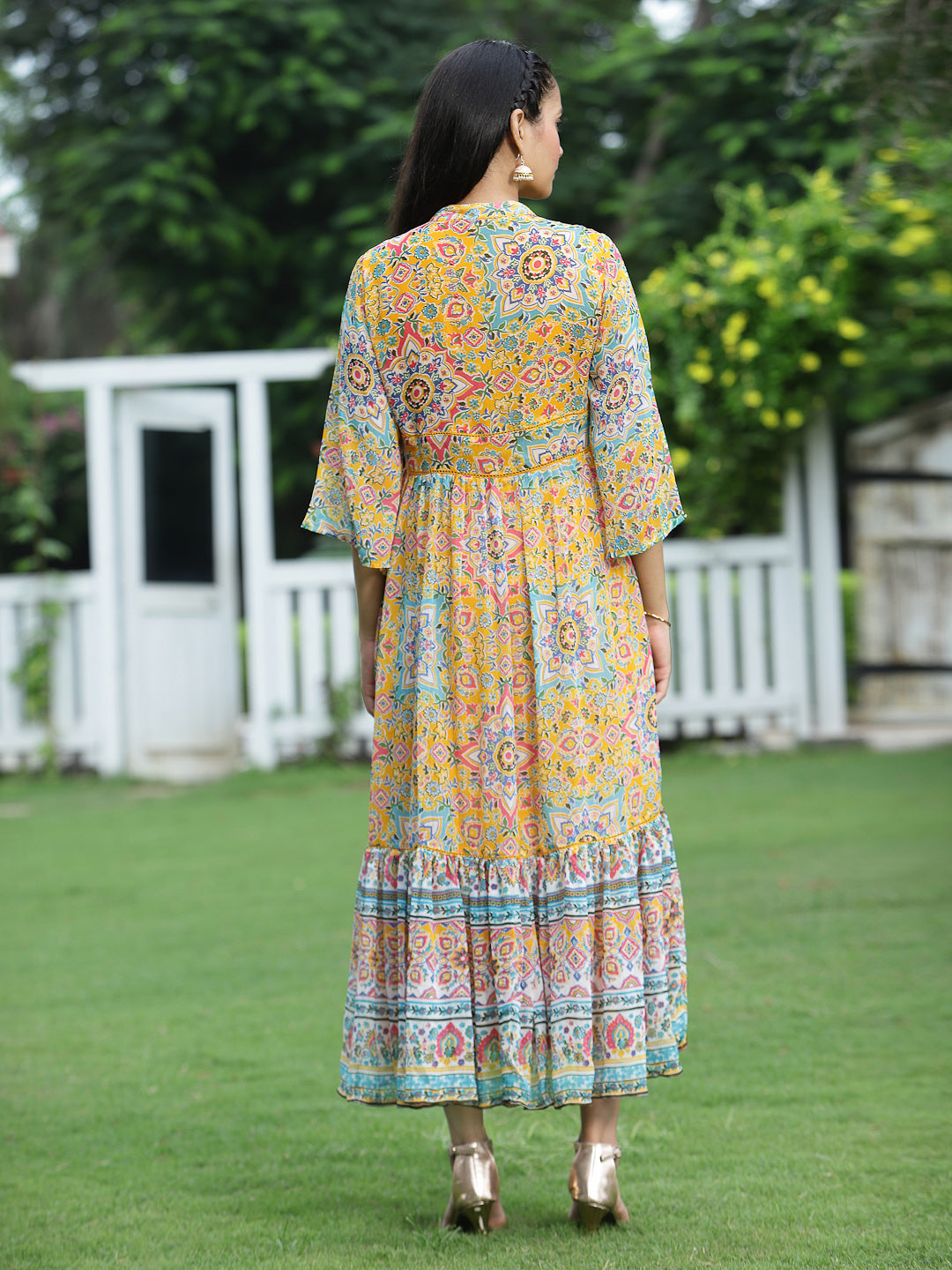 Juniper Womens Mustard Chiffon Digital Printed Tiered Maxi Dress - Distacart