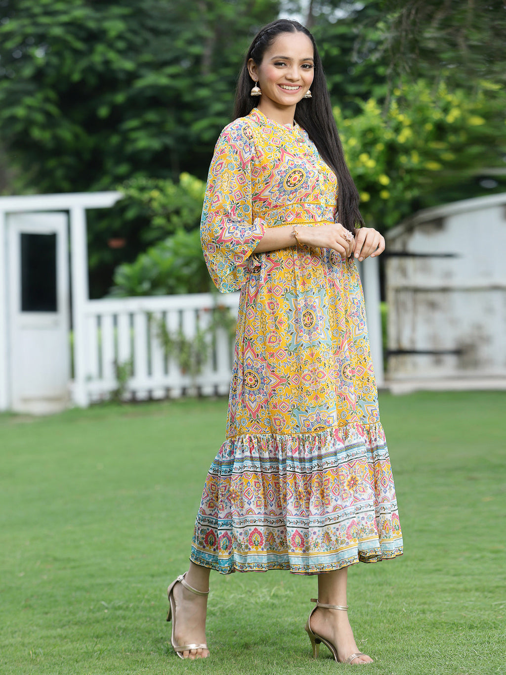 Juniper Womens Mustard Chiffon Digital Printed Tiered Maxi Dress - Distacart