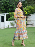 Juniper Womens Mustard Chiffon Digital Printed Tiered Maxi Dress - Distacart