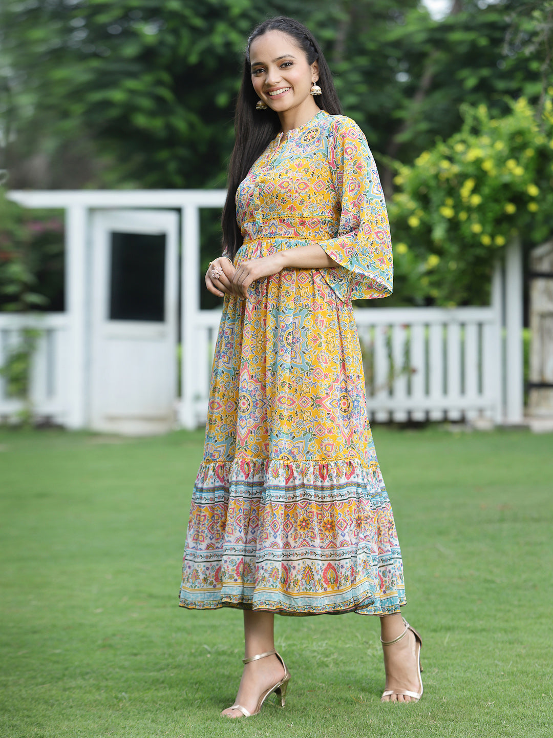 Juniper Womens Mustard Chiffon Digital Printed Tiered Maxi Dress - Distacart