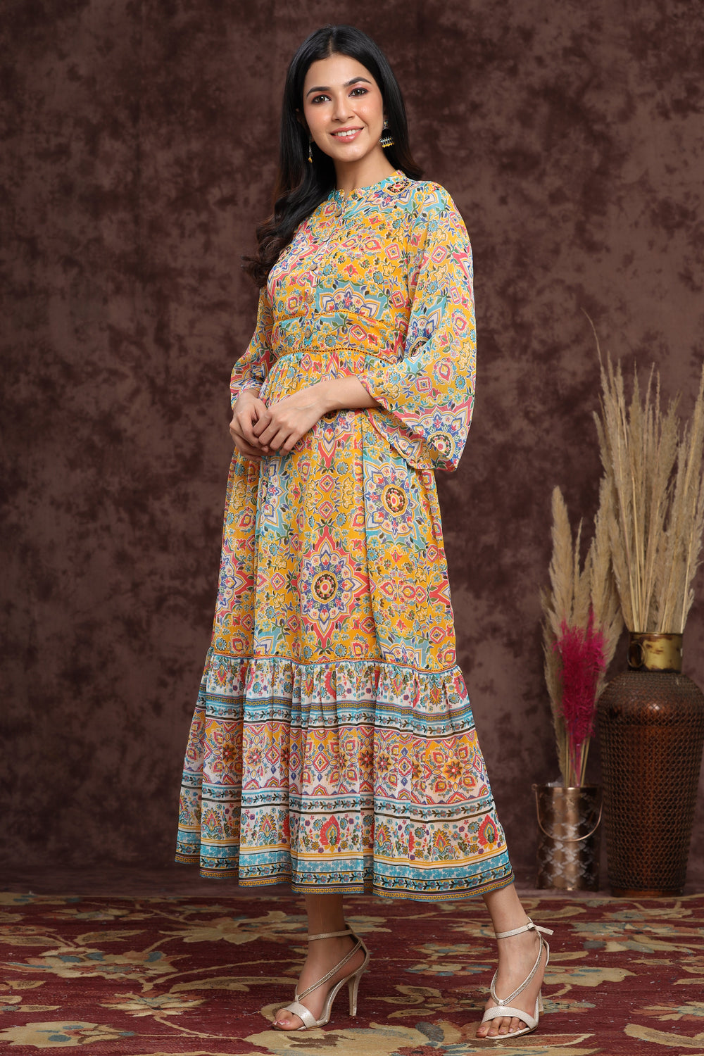 Juniper Women's Mustard Chiffon Printed Tiered Dress - Distacart