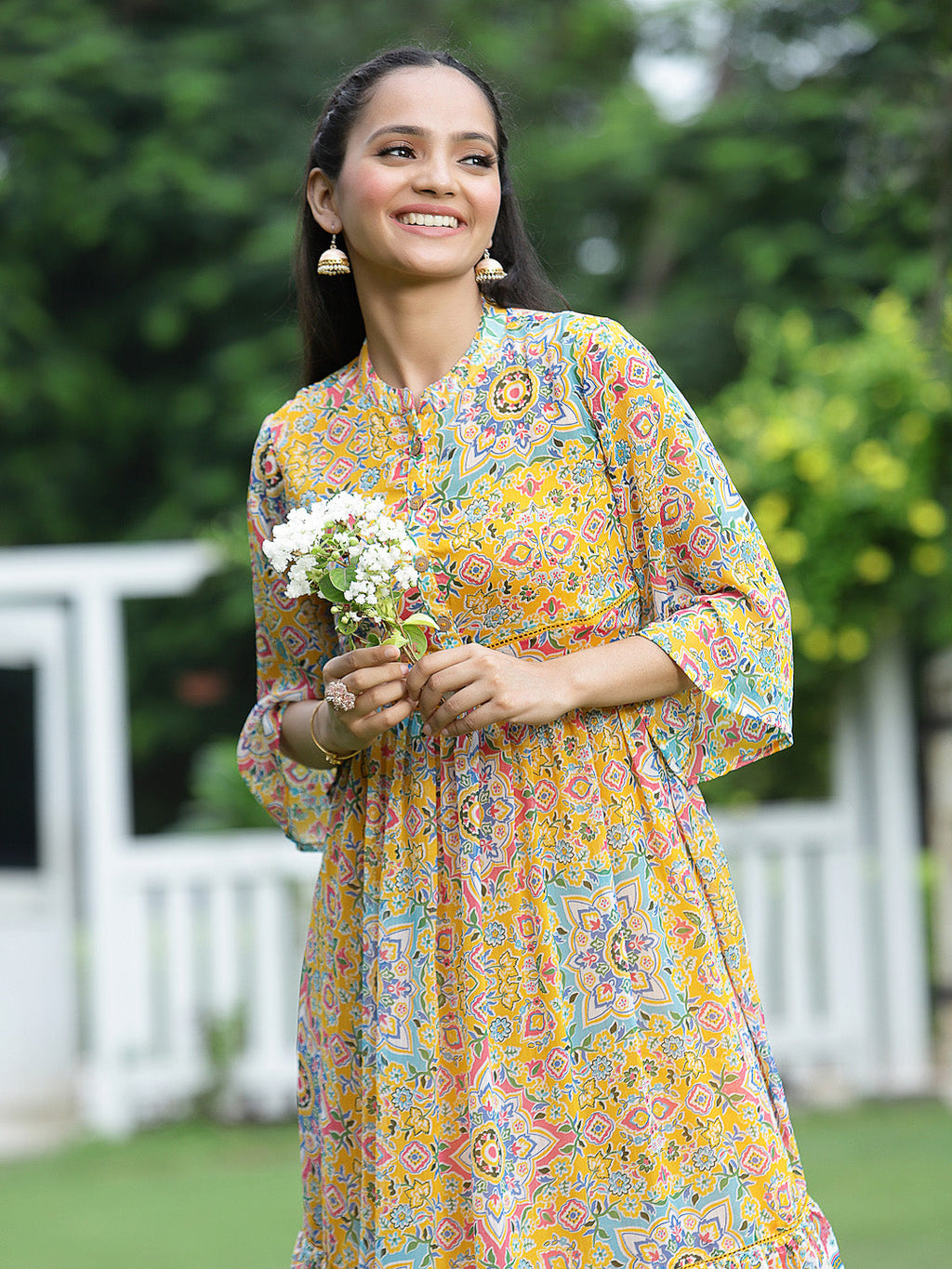 Juniper Womens Mustard Chiffon Digital Printed Tiered Maxi Dress - Distacart