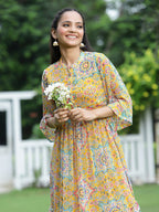 Juniper Womens Mustard Chiffon Digital Printed Tiered Maxi Dress - Distacart
