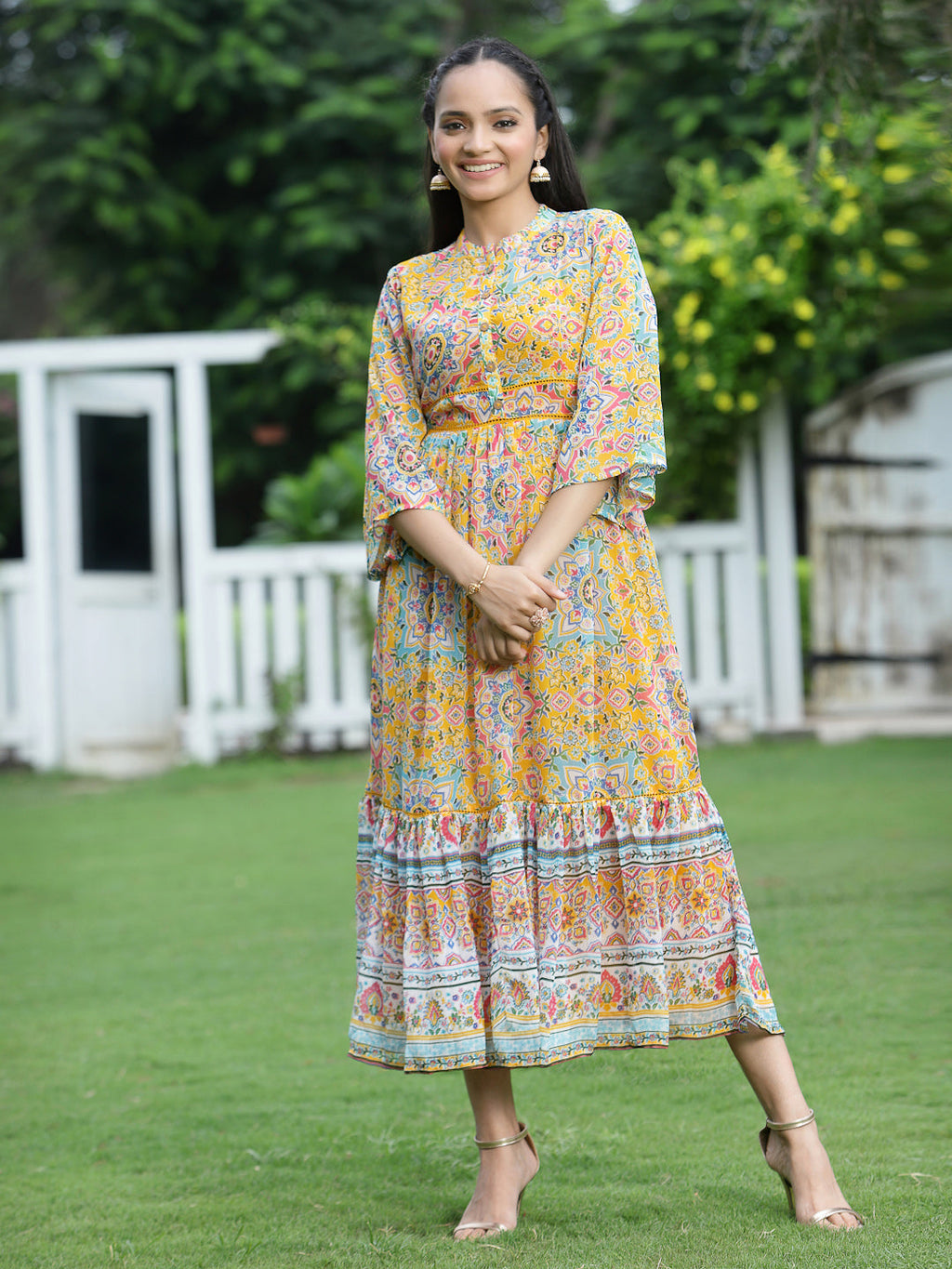Juniper Womens Mustard Chiffon Digital Printed Tiered Maxi Dress - Distacart