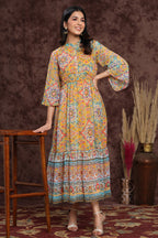 Juniper Women's Mustard Chiffon Printed Tiered Dress - Distacart