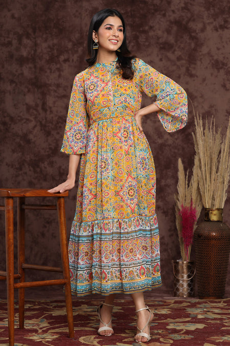 Juniper Women's Mustard Chiffon Printed Tiered Dress