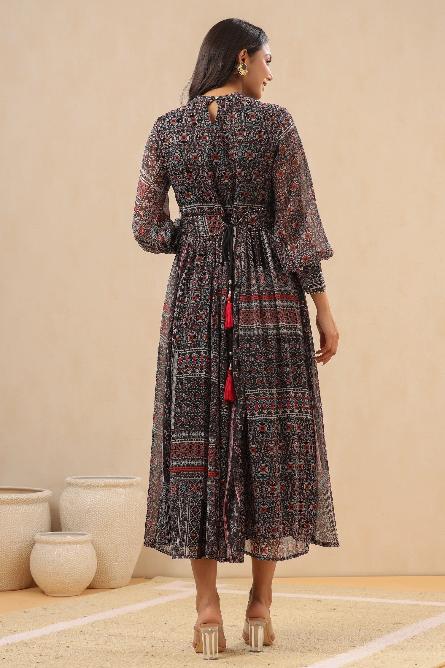 Juniper Womens Navy Blue Multicolor Geometric Digital Printed Maxi Dress With Bead Handwork - Distacart