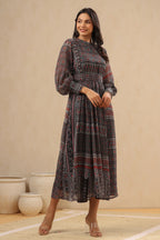 Juniper Womens Navy Blue Multicolor Geometric Digital Printed Maxi Dress With Bead Handwork - Distacart