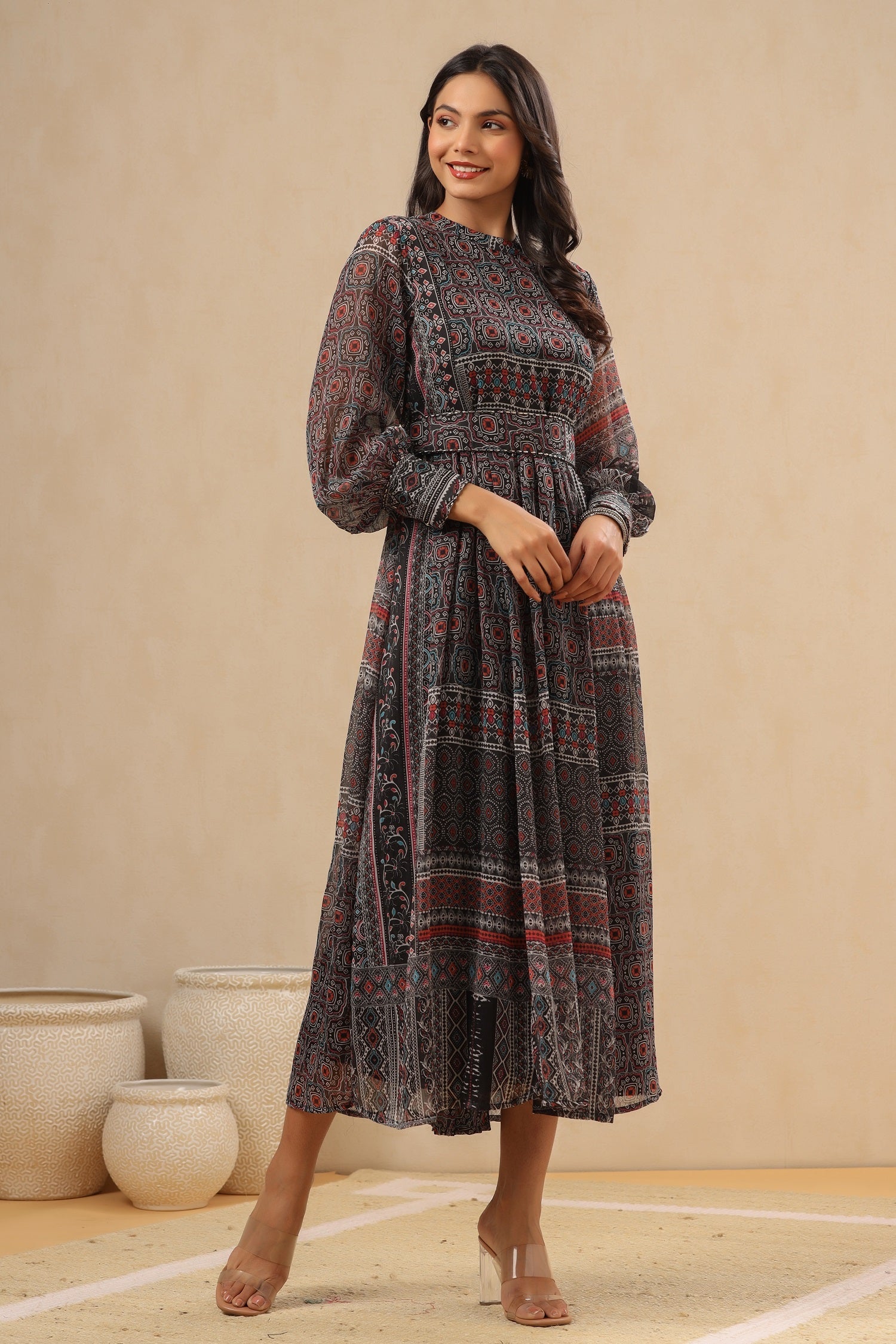Juniper Womens Navy Blue Multicolor Geometric Digital Printed Maxi Dress With Bead Handwork - Distacart