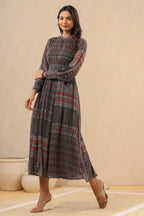 Juniper Womens Navy Blue Multicolor Geometric Digital Printed Maxi Dress With Bead Handwork - Distacart