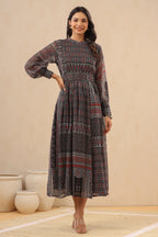 Juniper Womens Navy Blue Multicolor Geometric Digital Printed Maxi Dress With Bead Handwork - Distacart