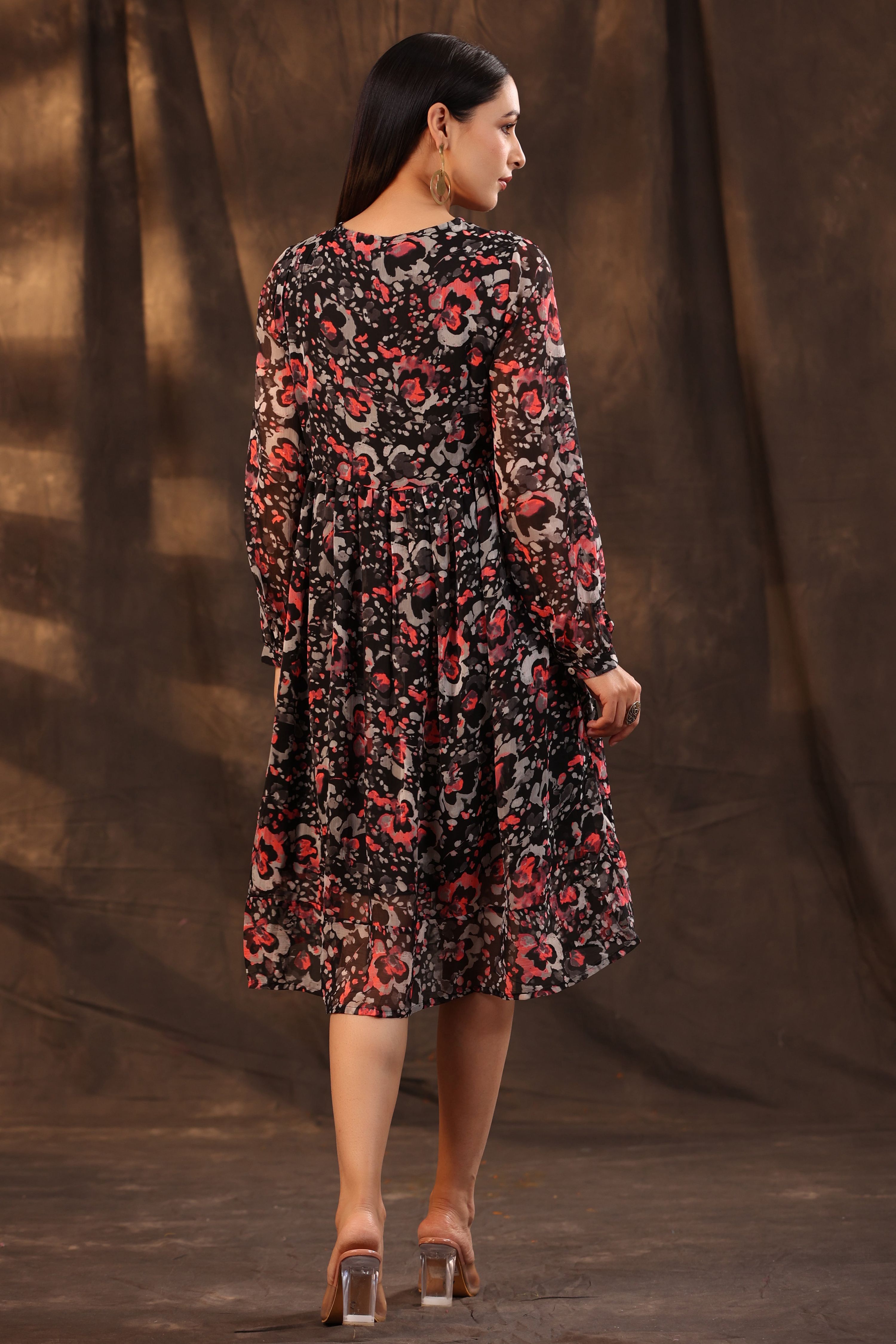 Juniper Women Black Chiffon Printed Flared Dress - Distacart