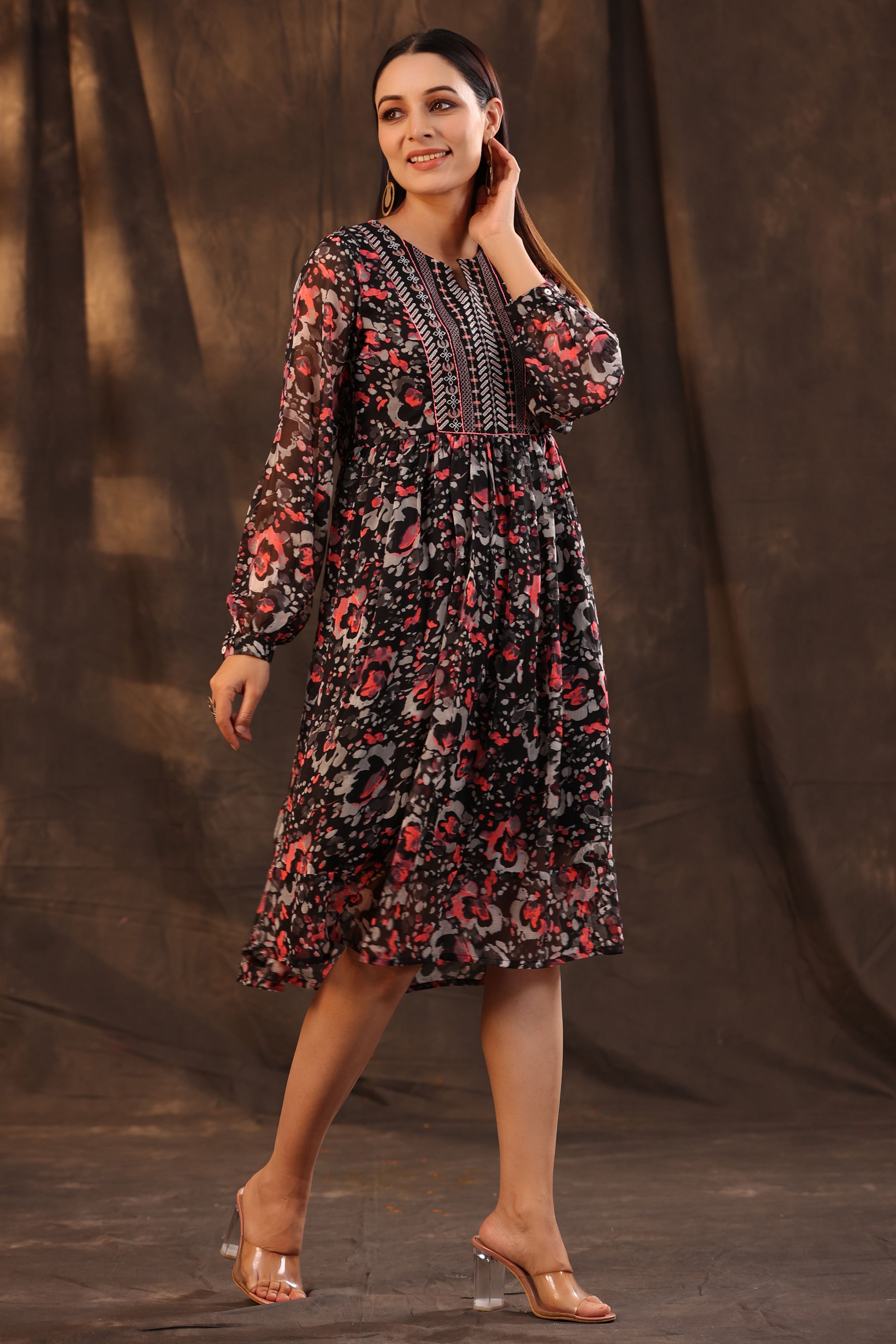 Juniper Women Black Chiffon Printed Flared Dress - Distacart
