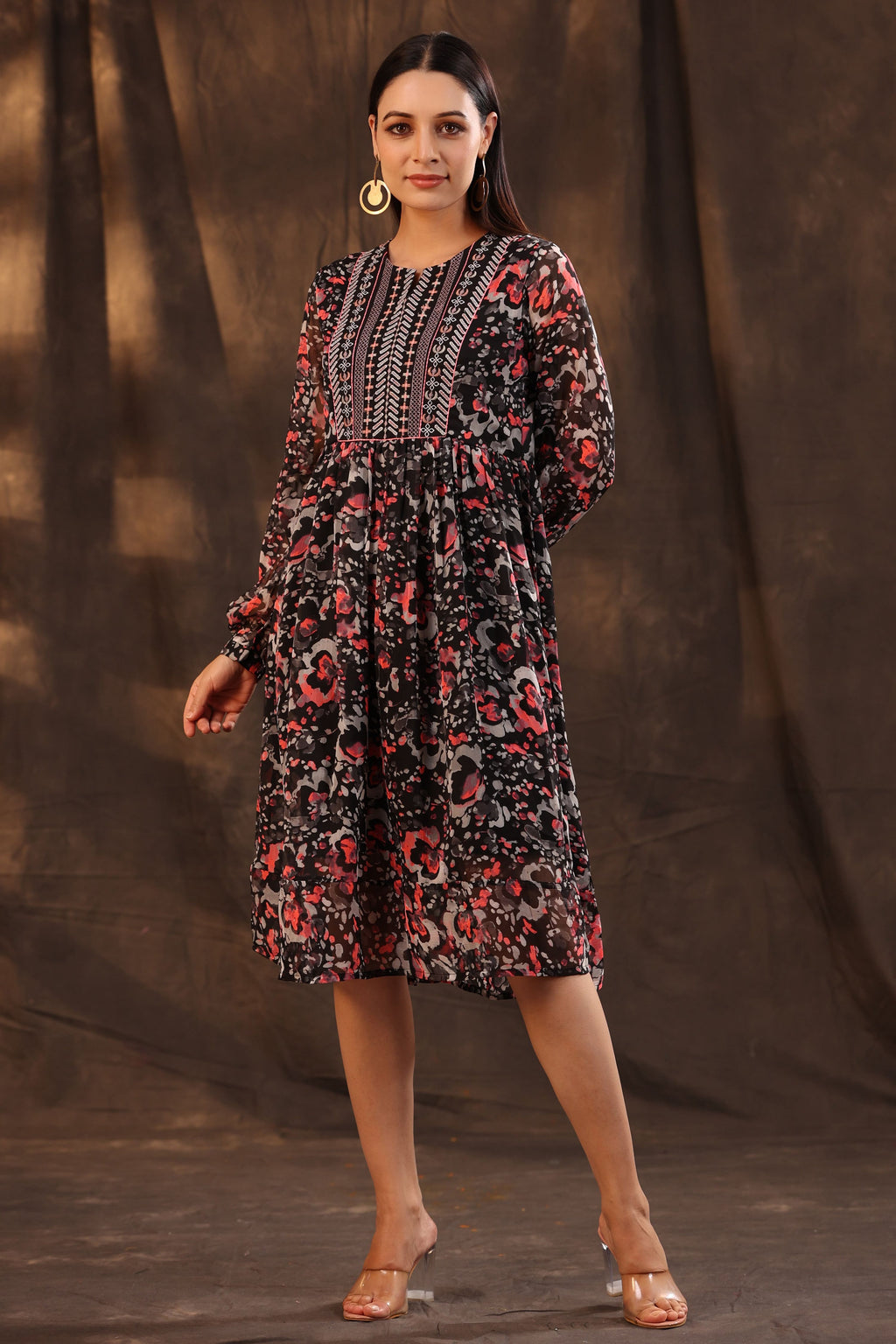 Juniper Women Black Chiffon Printed Flared Dress - Distacart