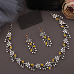 Tehzeeb Creations Silver Pleated White Diamond With Yellow Beads Necklace Set