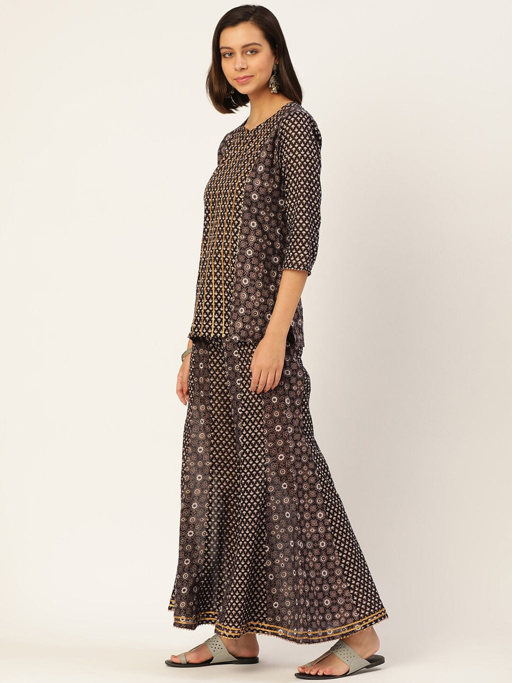 HERE&NOW Women Brown Printed Pure Cotton Top with Palazzos & With Dupatta