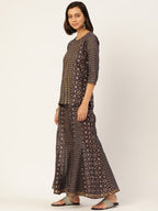 HERE&NOW Women Brown Printed Pure Cotton Top with Palazzos & With Dupatta