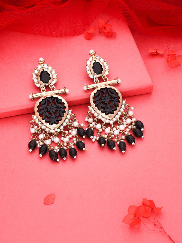Tehzeeb Creations Latest Black Colour Gold Polish Kundan & Pearl Studded Designer Drop Long Earrings For Women And Girls Green - Distacart