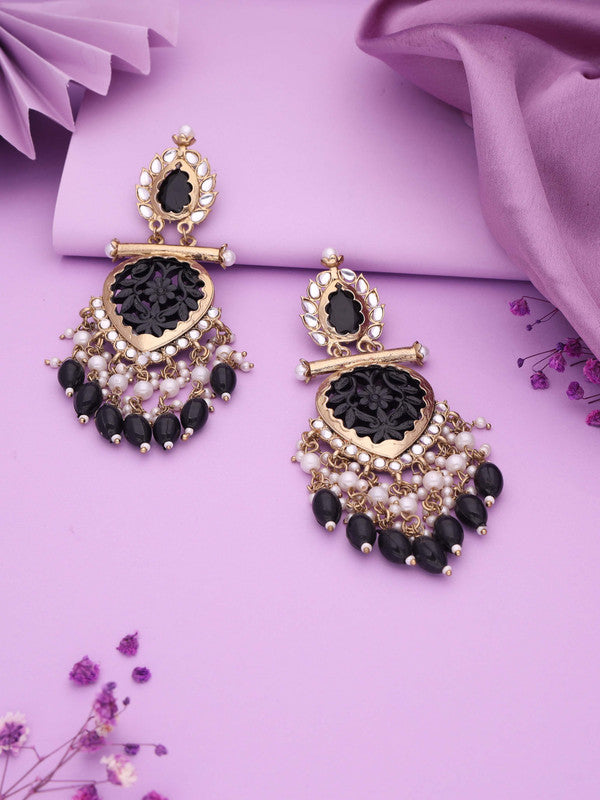 Tehzeeb Creations Latest Black Colour Gold Polish Kundan & Pearl Studded Designer Drop Long Earrings For Women And Girls Green - Distacart