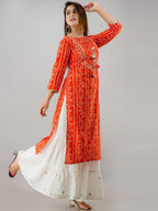 HERE&NOW Orange Tie Up Neck Bandhani Printed Gotta Patti Kurta