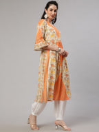 Aks Floral Printed V-Neck Bell Sleeves Pleated Cotton Kurta