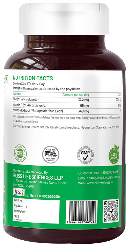 Bliss Welness Immune Health Zinc Vitamin C + Moringa Veg Tablet