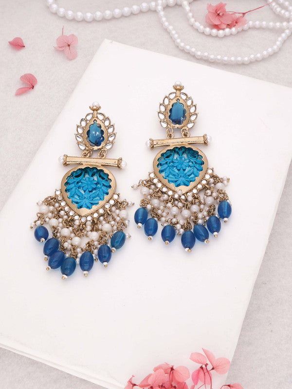Tehzeeb Creations Latest Blue Colour Gold Polish Kundan & Pearl Studded Designer Drop Long Earrings For Women And Girls Maroon - Distacart