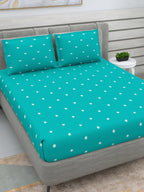 DREAM WEAVERZ Turquoise Blue & White 250 TC Pure Cotton King Bedsheet with 2 Pillow Covers