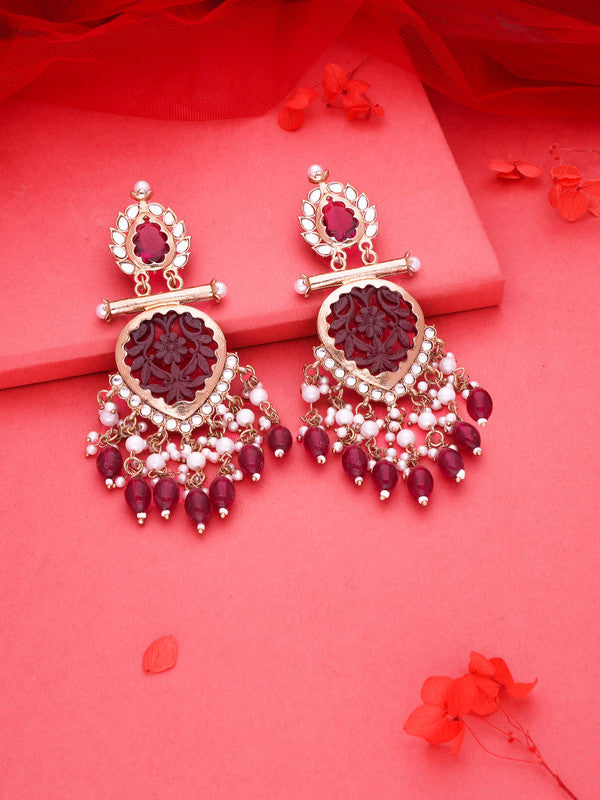 Tehzeeb Creations Latest Rani Pink Gold Polish Kundan & Pearl Studded Designer Drop Long Earrings For Women And Girls Lavender - Distacart