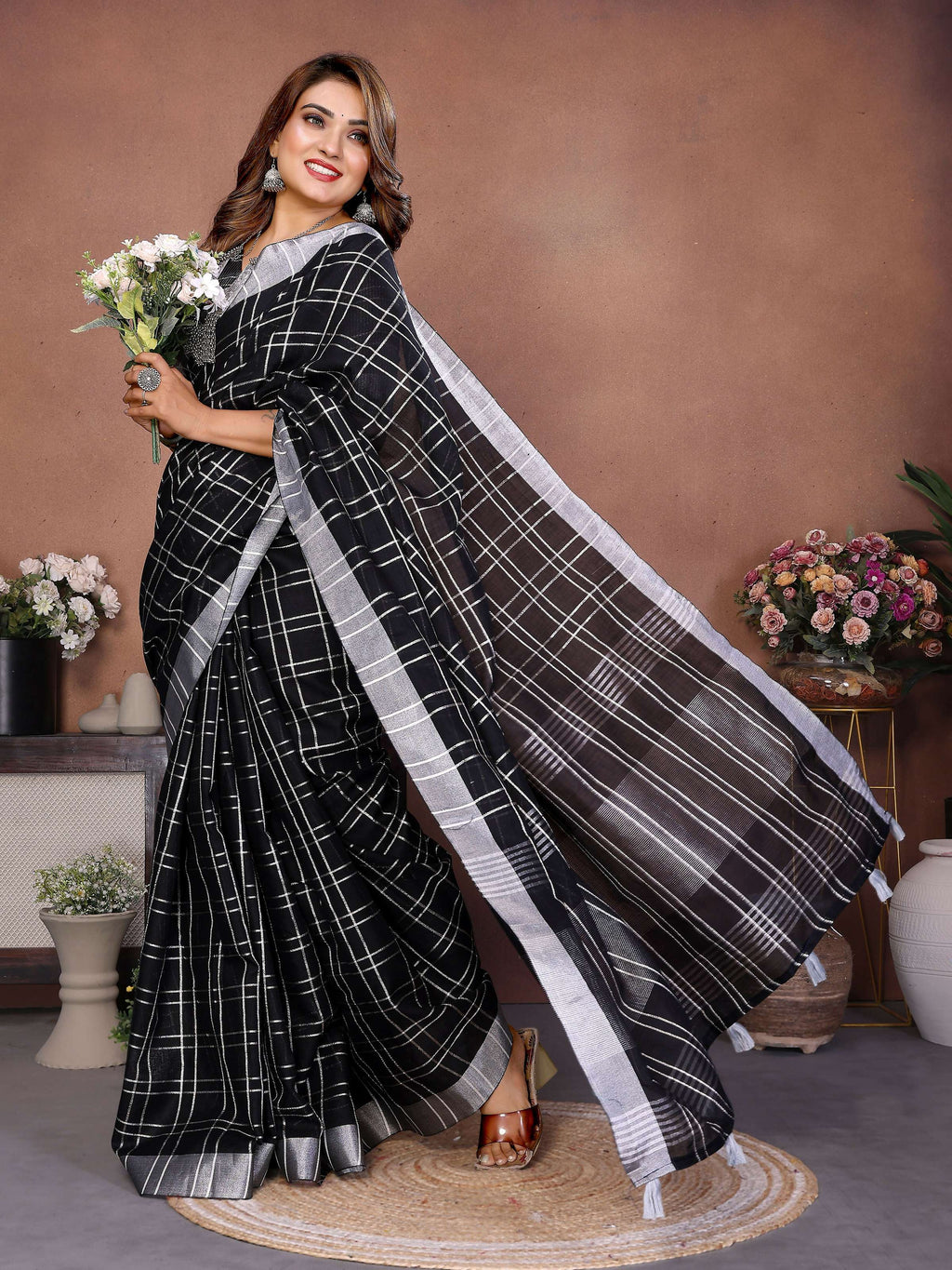 Aastha Fashion Black Linen Weaving Saree - Distacart