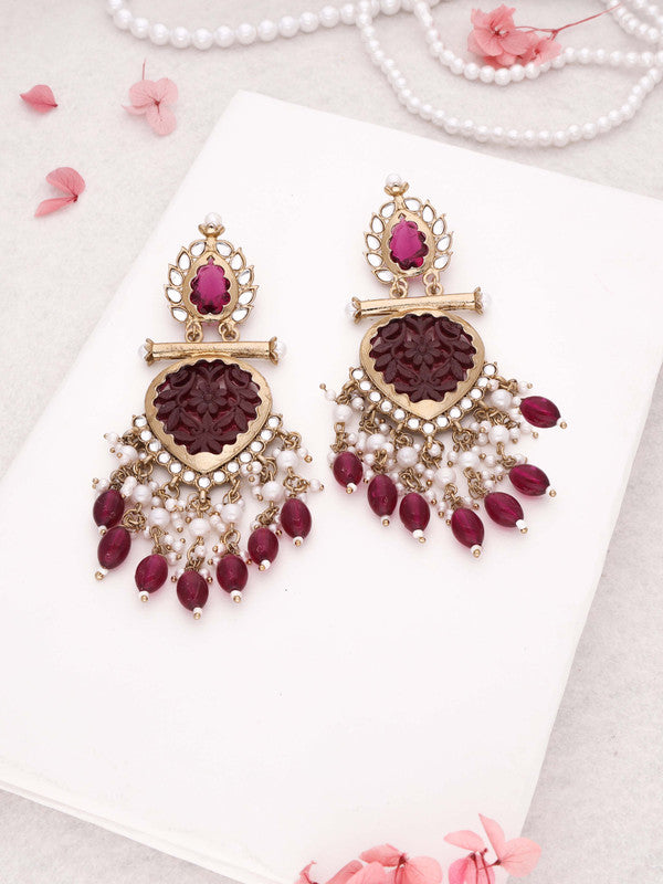Tehzeeb Creations Latest Rani Pink Gold Polish Kundan & Pearl Studded Designer Drop Long Earrings For Women And Girls Lavender - Distacart