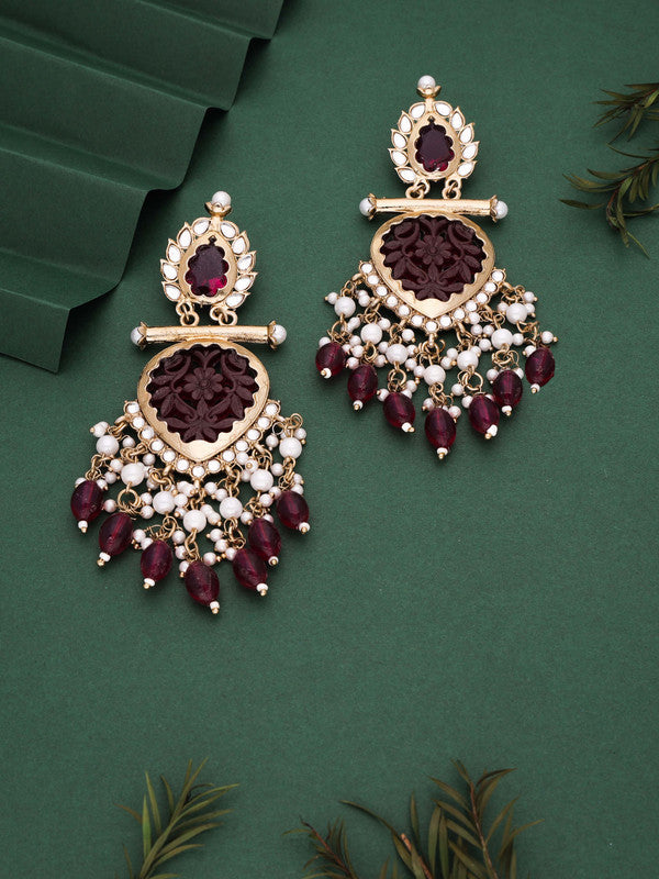 Tehzeeb Creations Latest Rani Pink Gold Polish Kundan & Pearl Studded Designer Drop Long Earrings For Women And Girls Lavender - Distacart