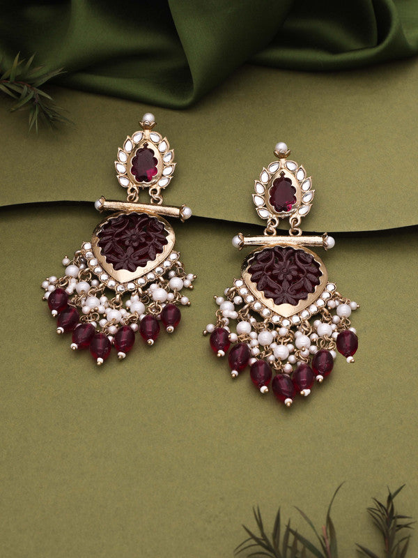 Tehzeeb Creations Latest Rani Pink Gold Polish Kundan & Pearl Studded Designer Drop Long Earrings For Women And Girls Lavender - Distacart