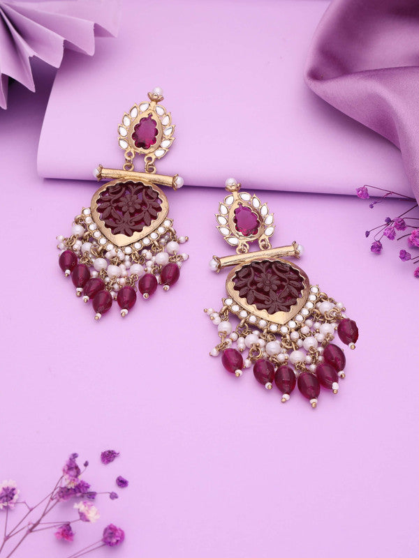 Tehzeeb Creations Latest Rani Pink Gold Polish Kundan & Pearl Studded Designer Drop Long Earrings For Women And Girls Lavender - Distacart