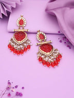 Tehzeeb Creations Latest Red Colour Gold Polish Kundan & Pearl Studded Designer Drop Long Earrings For Women And Girls Yellow - Distacart