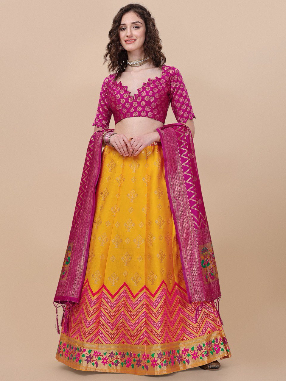 Lorenvalley Fashion Yellow Brocade Fabric Lehenga & Unstitched Blouse With Dupatta