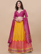 Lorenvalley Fashion Yellow Brocade Fabric Lehenga & Unstitched Blouse With Dupatta