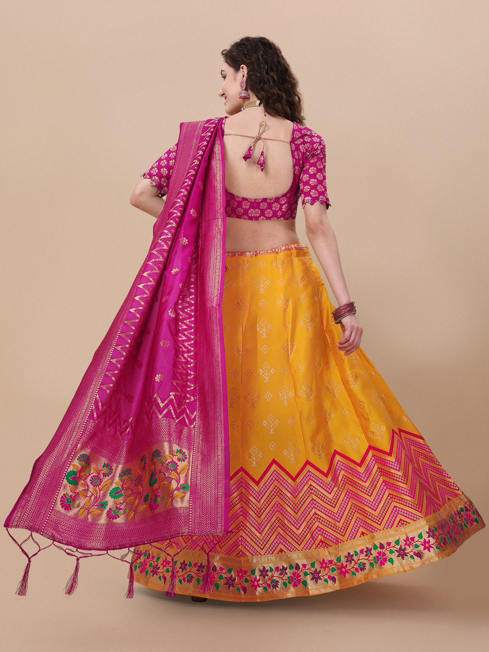 Lorenvalley Fashion Yellow Brocade Fabric Lehenga & Unstitched Blouse With Dupatta