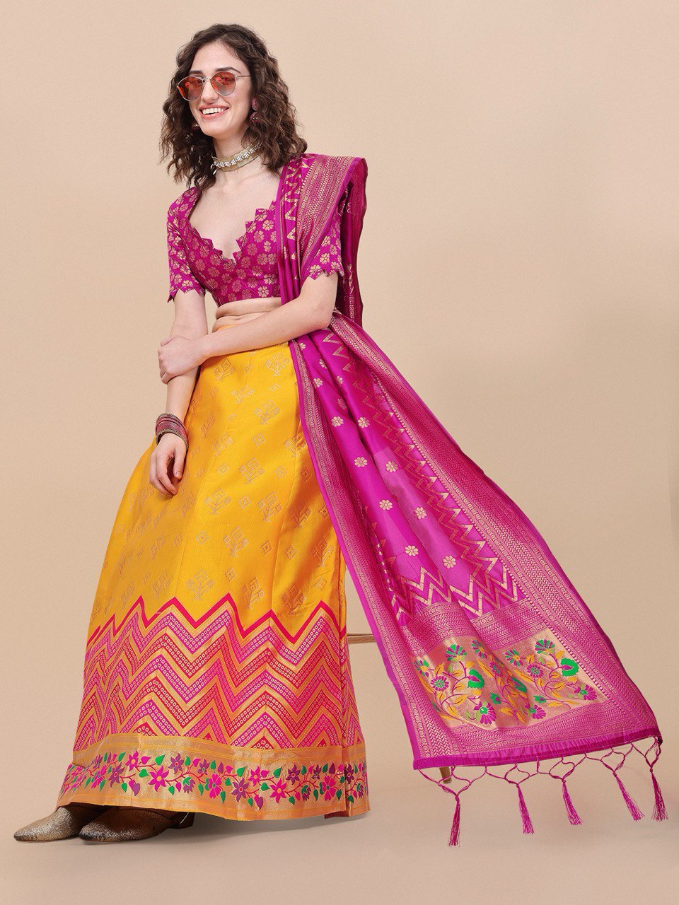 Lorenvalley Fashion Yellow Brocade Fabric Lehenga & Unstitched Blouse With Dupatta