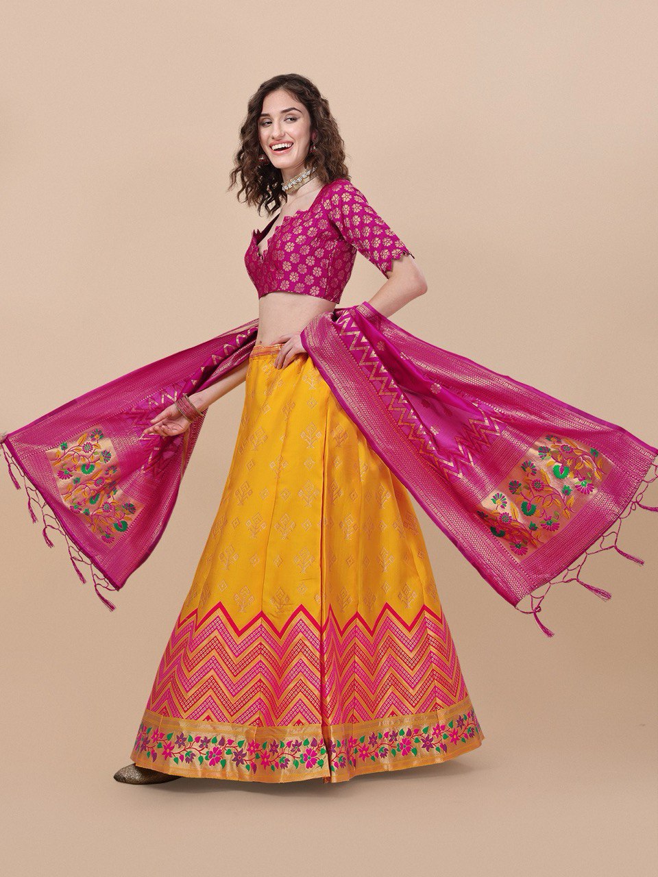 Lorenvalley Fashion Yellow Brocade Fabric Lehenga & Unstitched Blouse With Dupatta