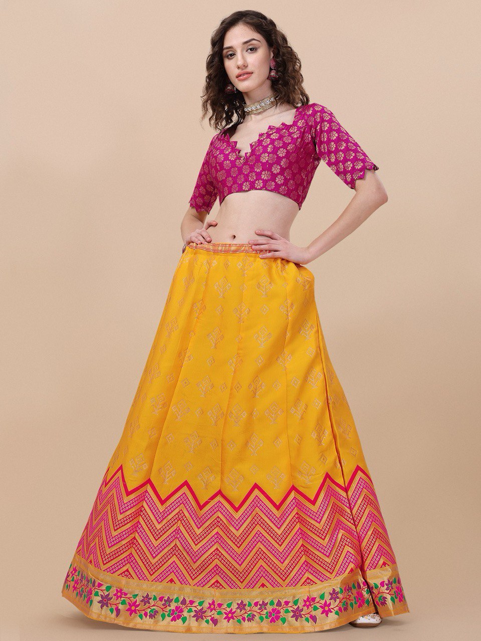 Lorenvalley Fashion Yellow Brocade Fabric Lehenga & Unstitched Blouse With Dupatta