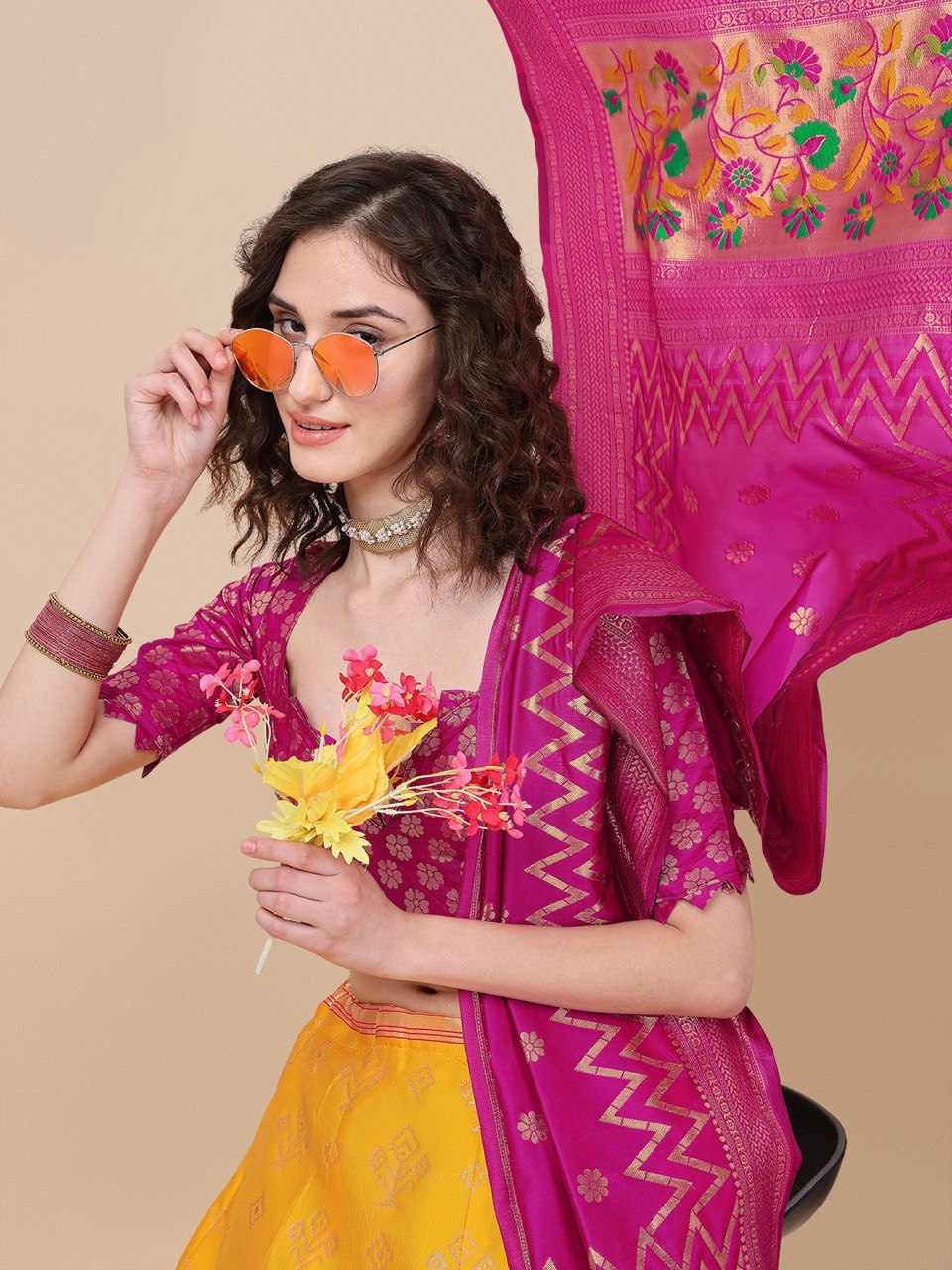 Lorenvalley Fashion Yellow Brocade Fabric Lehenga & Unstitched Blouse With Dupatta