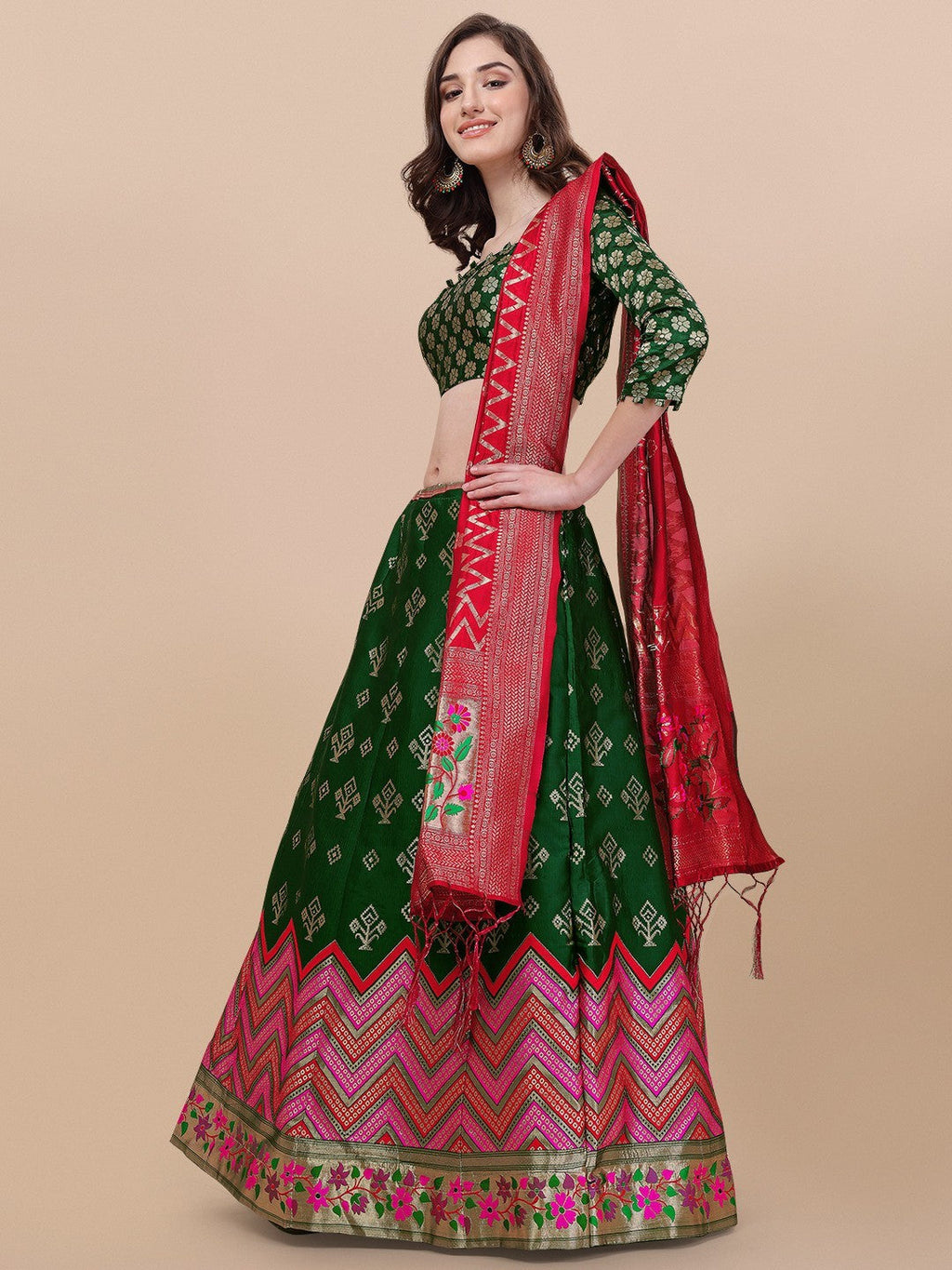 Lorenvalley Fashion Green Brocade Fabric Lehenga & Unstitched Blouse With Dupatta