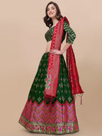Lorenvalley Fashion Green Brocade Fabric Lehenga & Unstitched Blouse With Dupatta