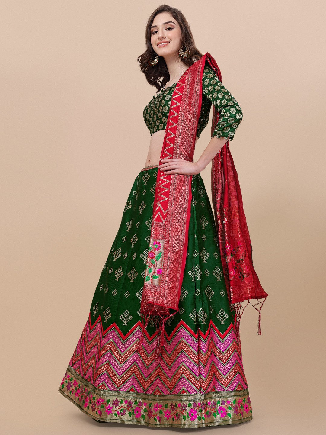 Lorenvalley Fashion Green Brocade Fabric Lehenga & Unstitched Blouse With Dupatta